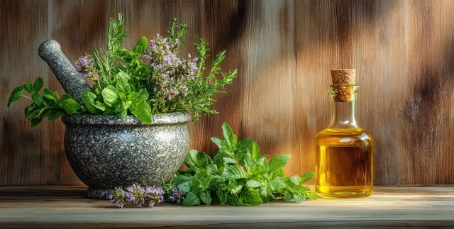 Fresh kitchen herbs crushed in a stone mortar with oil bottle on rustic wooden table with Rustic Kitchen Still Life