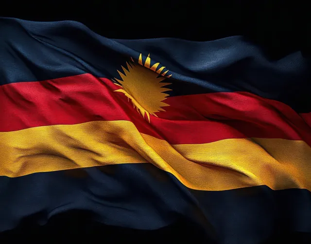 Waving dark flag with red-yellow stripes and a radiant golden sun emblem in shadow