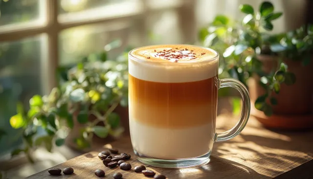 Cappuccino in glass mug with cinnamon dusting, milk foam layers, and coffee aroma ambience