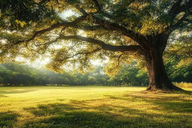 An old oak tree spreads branches over a sunlit grassy park, with long shadows stretching across the meadow.