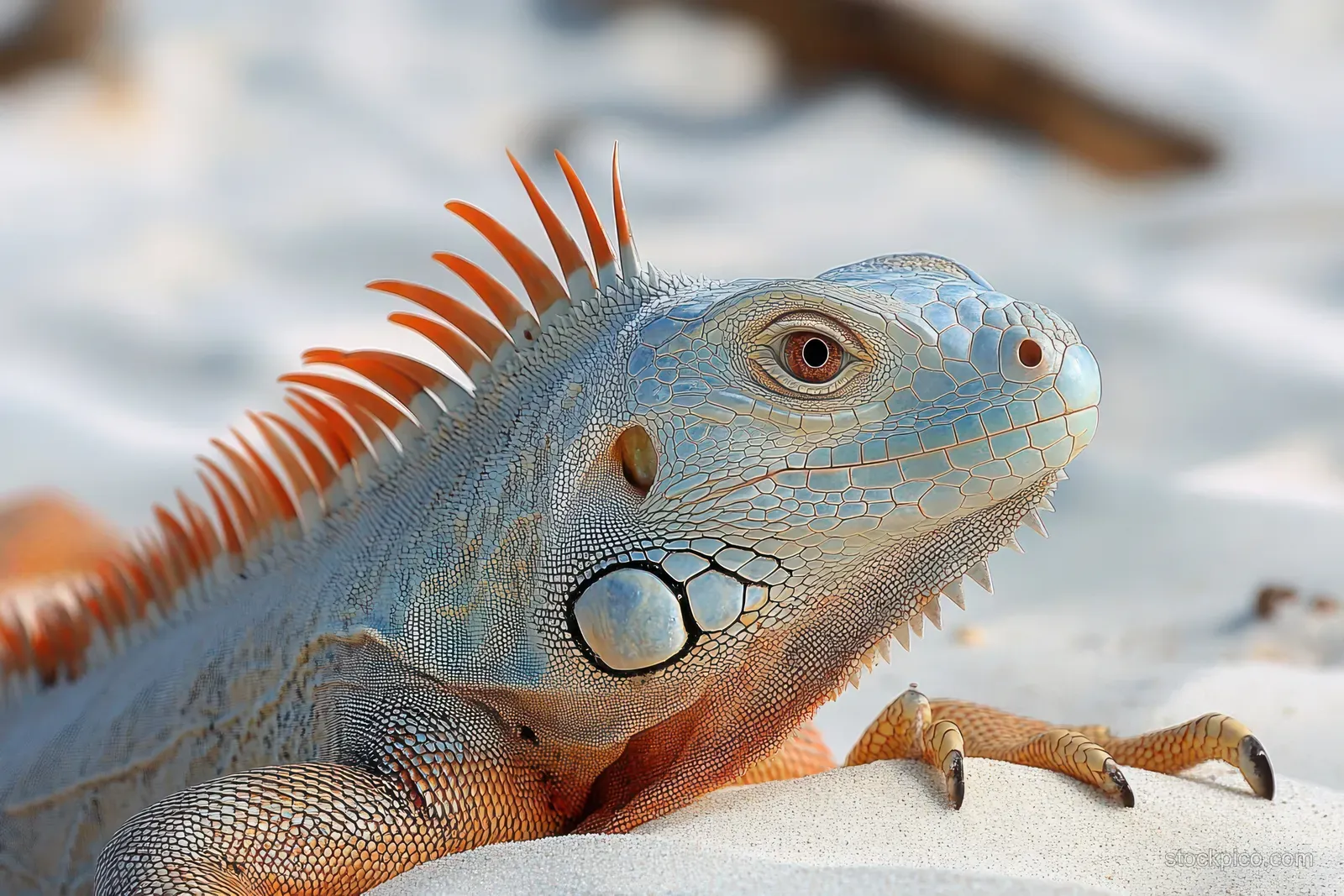 Colorful iguana resting on sunlit sand with orange spines and visible textured scales near its head.