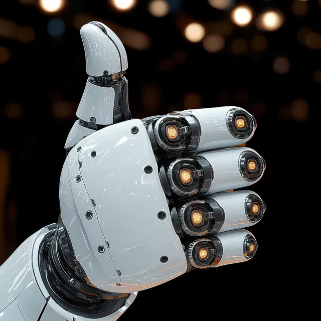 Close-up white robotic hand making a thumbs-up with glowing orange joints on dark background