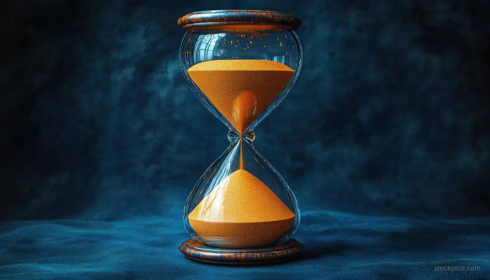 An antique hourglass with golden sand streaming down on a dark blue textured background.