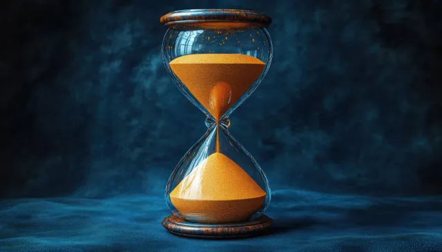An antique hourglass with golden sand streaming down on a dark blue textured background.