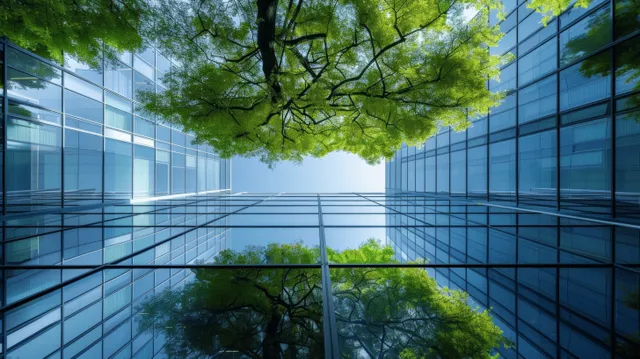 Sunlit glass atrium with a tree canopy visible between reflective steel and glass walls.