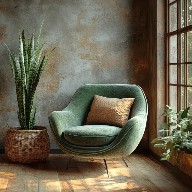 Green velvet armchair with a beige pillow sits beside a woven basket holding a snake plant near a sunlit window.