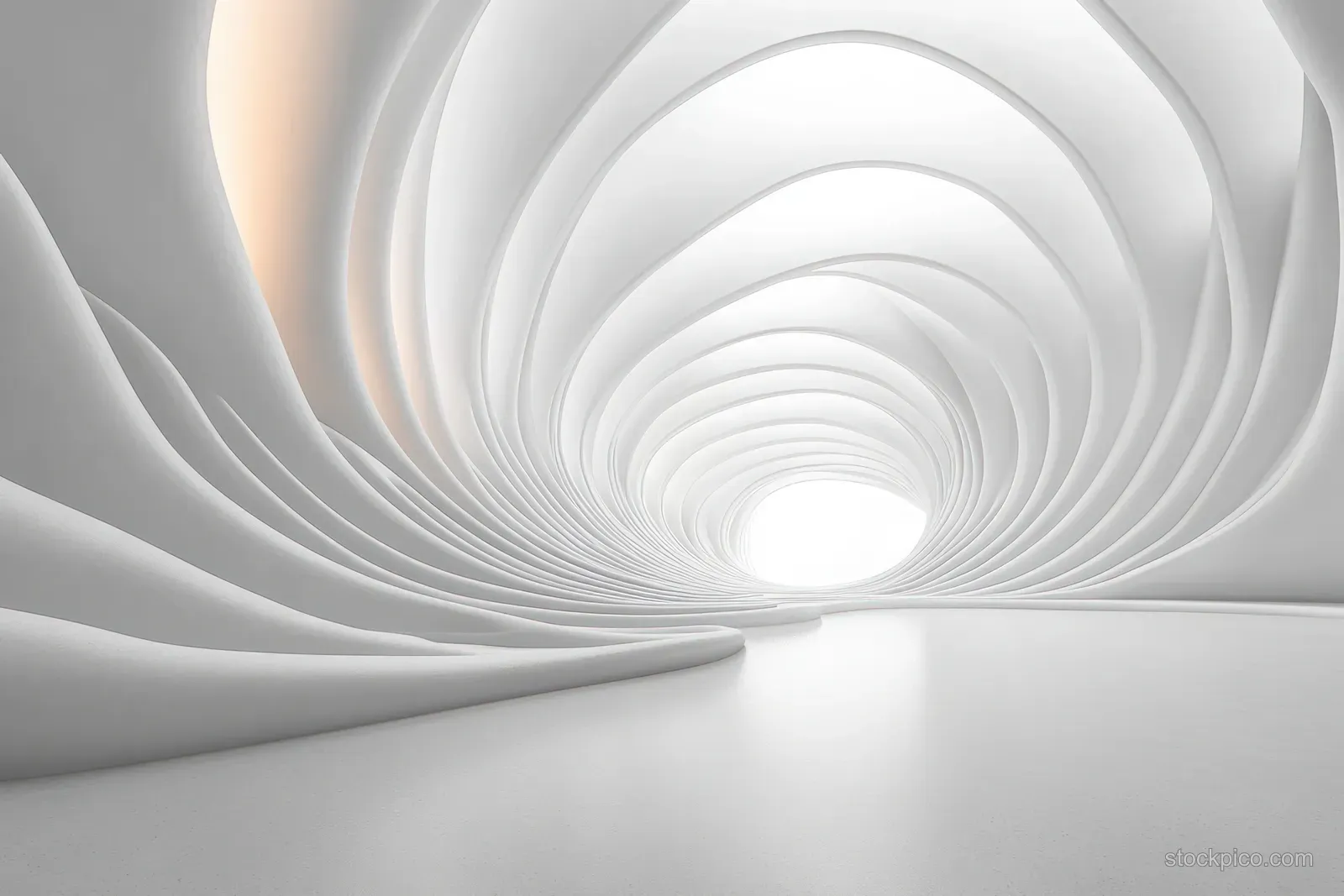 Minimalist curved white corridor with concentric wave walls fading into a bright central light.
