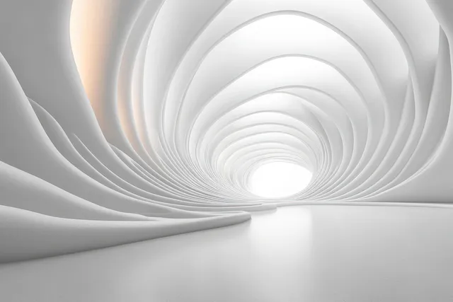Minimalist curved white corridor with concentric wave walls fading into a bright central light.