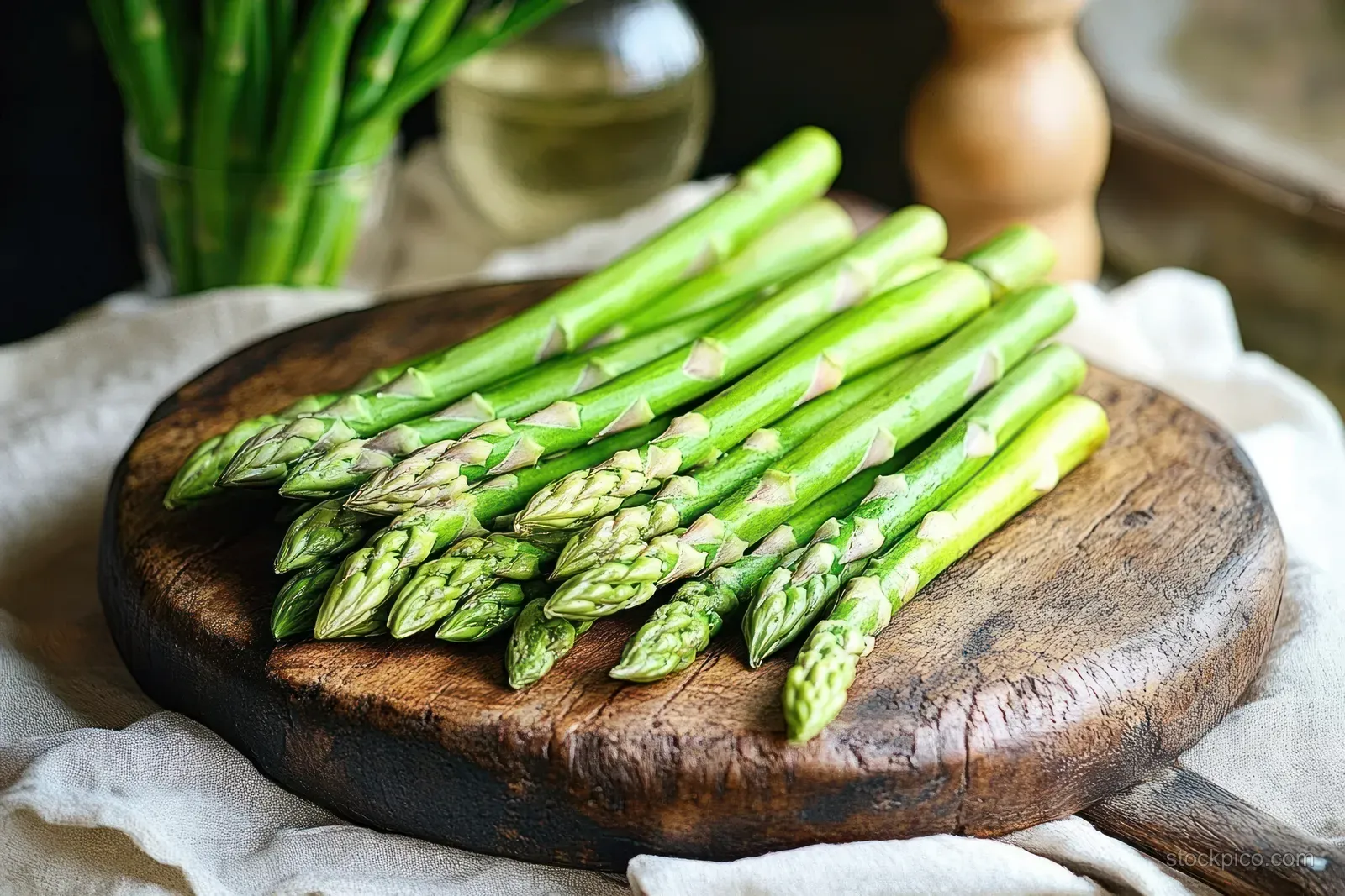 Fresh green asparagus stalks arranged on a rustic wooden cutting board with a light cloth and blurred herbs behind.