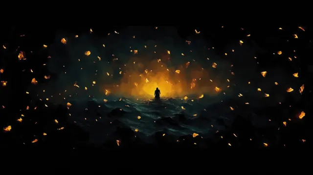 Silhouette figure wading through stormy dark water amid glowing ember particles and golden haze