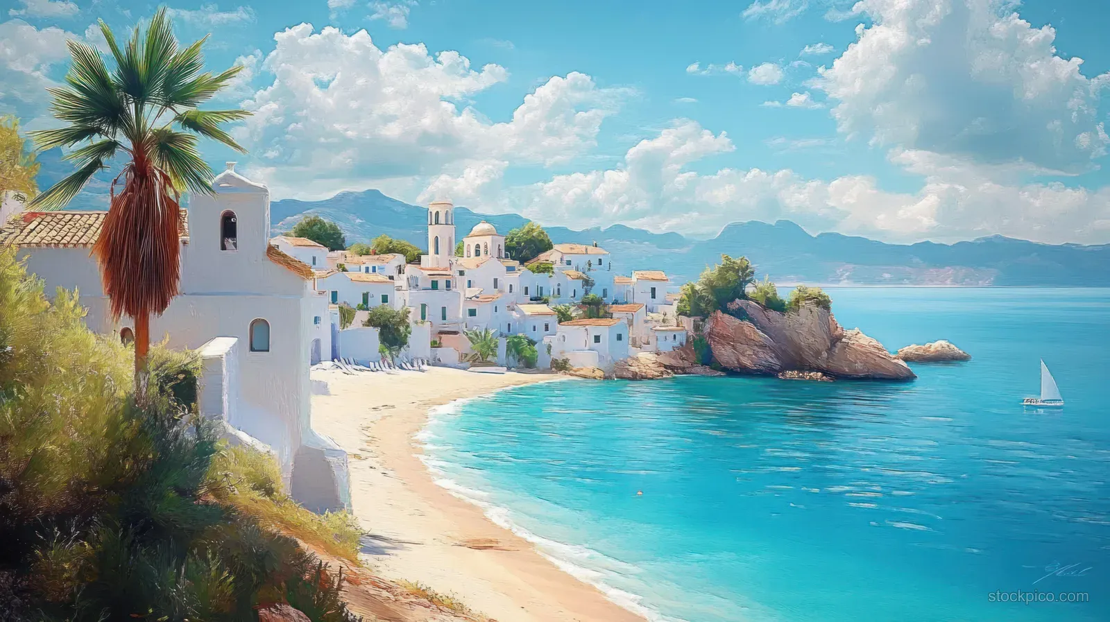 White houses and a small church line a sandy beach with turquoise water, a distant sailboat, and blue mountains.