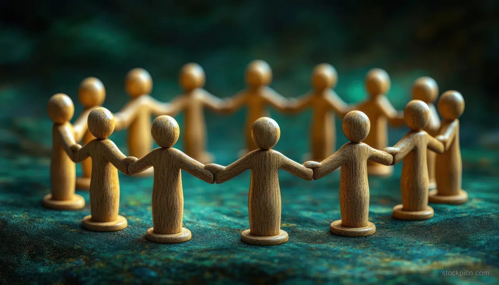 Wooden figurines holding hands in a circle on a textured surface with a blurred background.