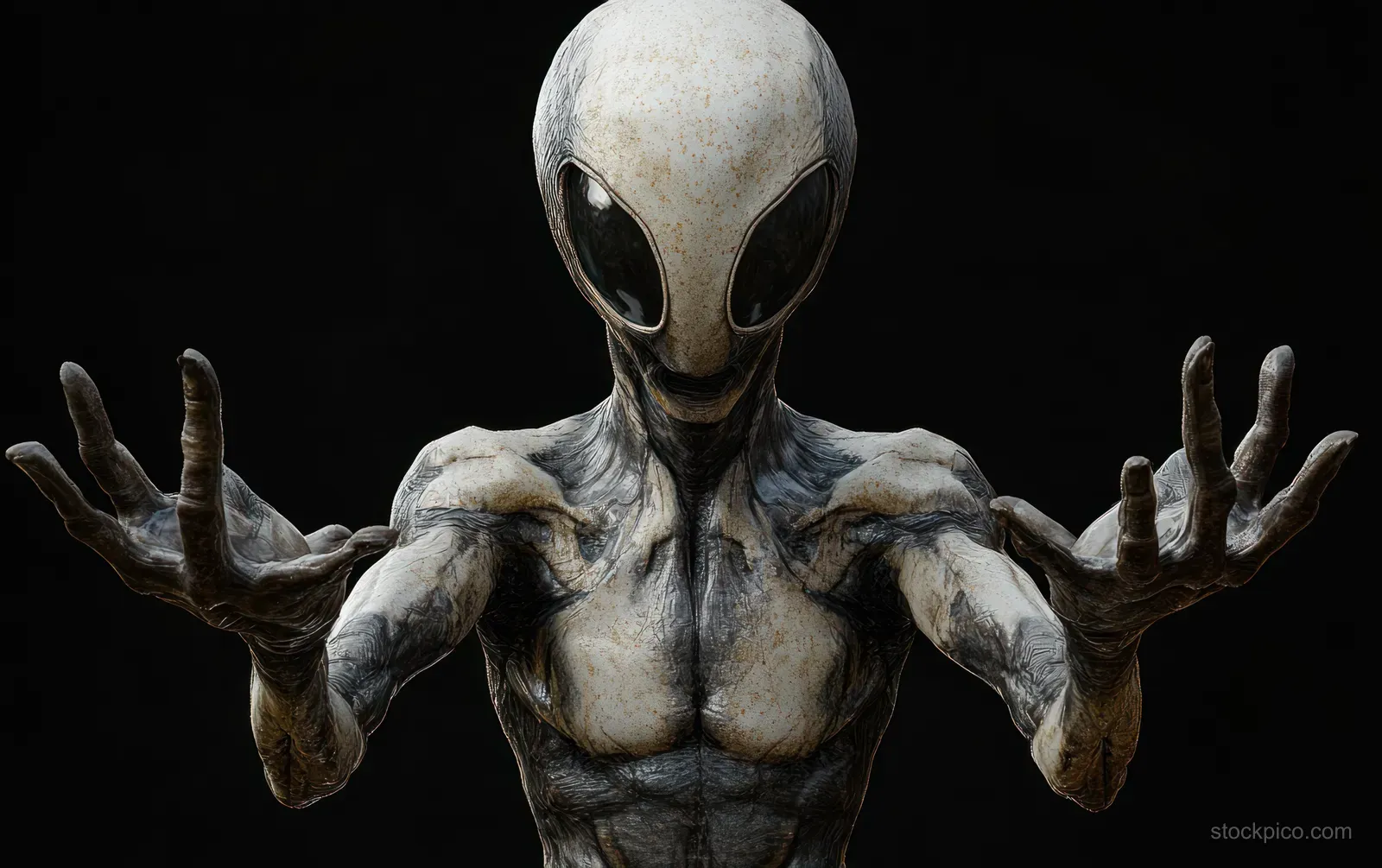 A gray alien figure with outstretched hands stands against a black background.