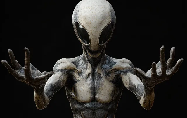 A gray alien figure with outstretched hands stands against a black background.