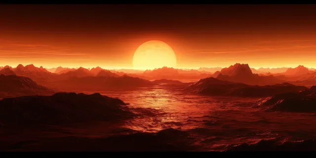 Red glowing alien mountains stretch across a dusty desert under a dim sunset sky.
