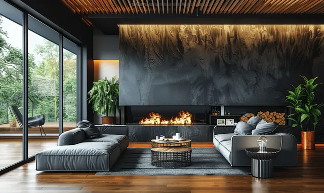 Dark modern living room with gray sofa and armchairs facing a lit fireplace by a panoramic window.