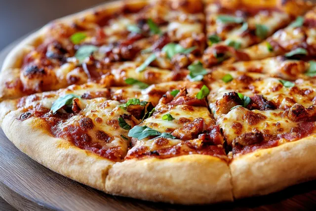 Close-up pepperoni and sausage pizza with melted cheese and basil leaves on a wooden board.