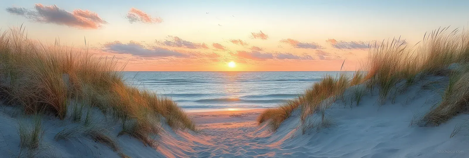 Sunset beach dunes with tall grasses and a sandy path leading toward a calm ocean horizon.