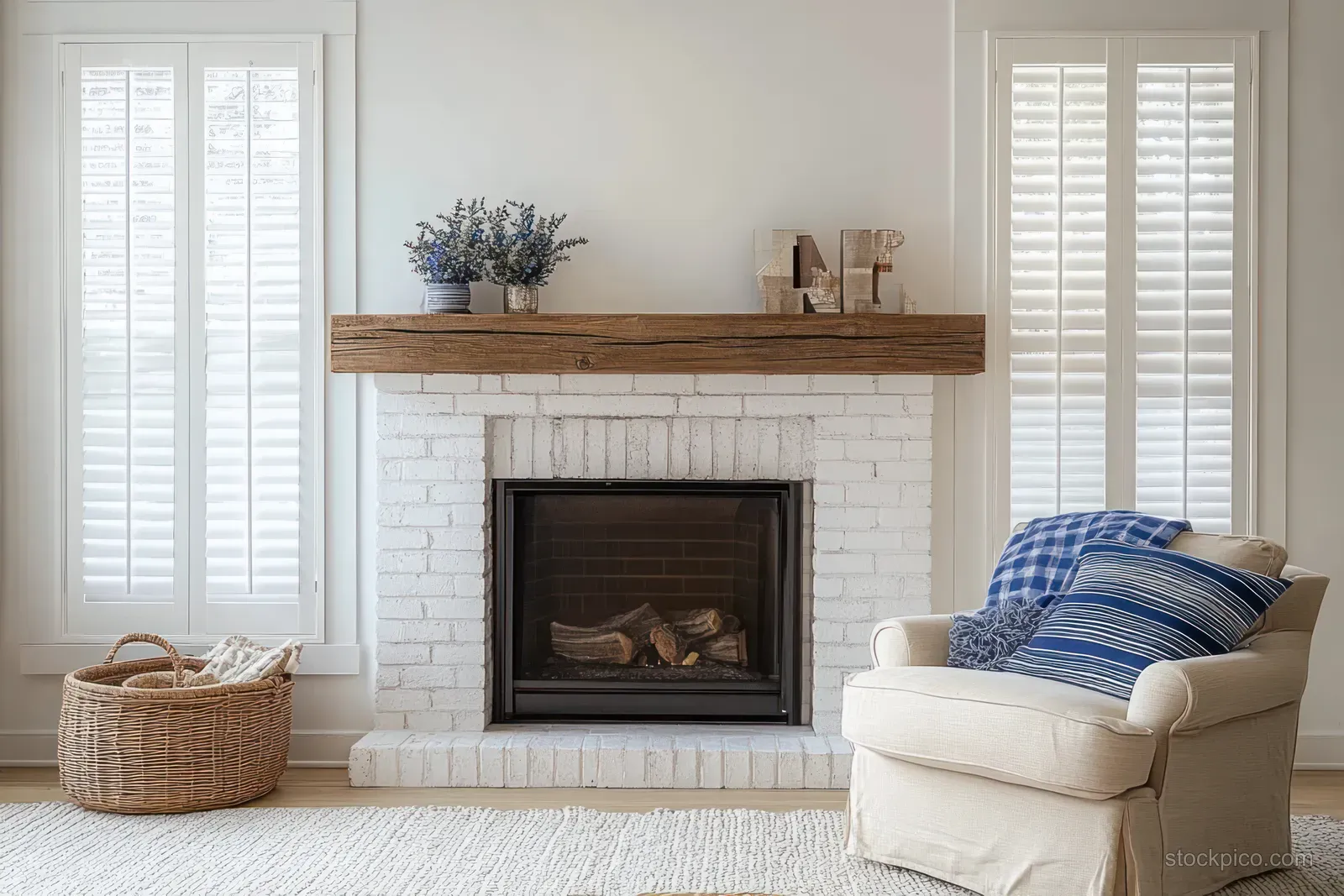 Scandinavian living room with lit brick fireplace, wooden mantel decor, and blue cushions beside bright shuttered windows.