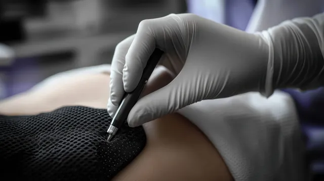 Gloved clinician hand guides a pen-like device on an abdomen covered with black mesh in a clinic setting.
