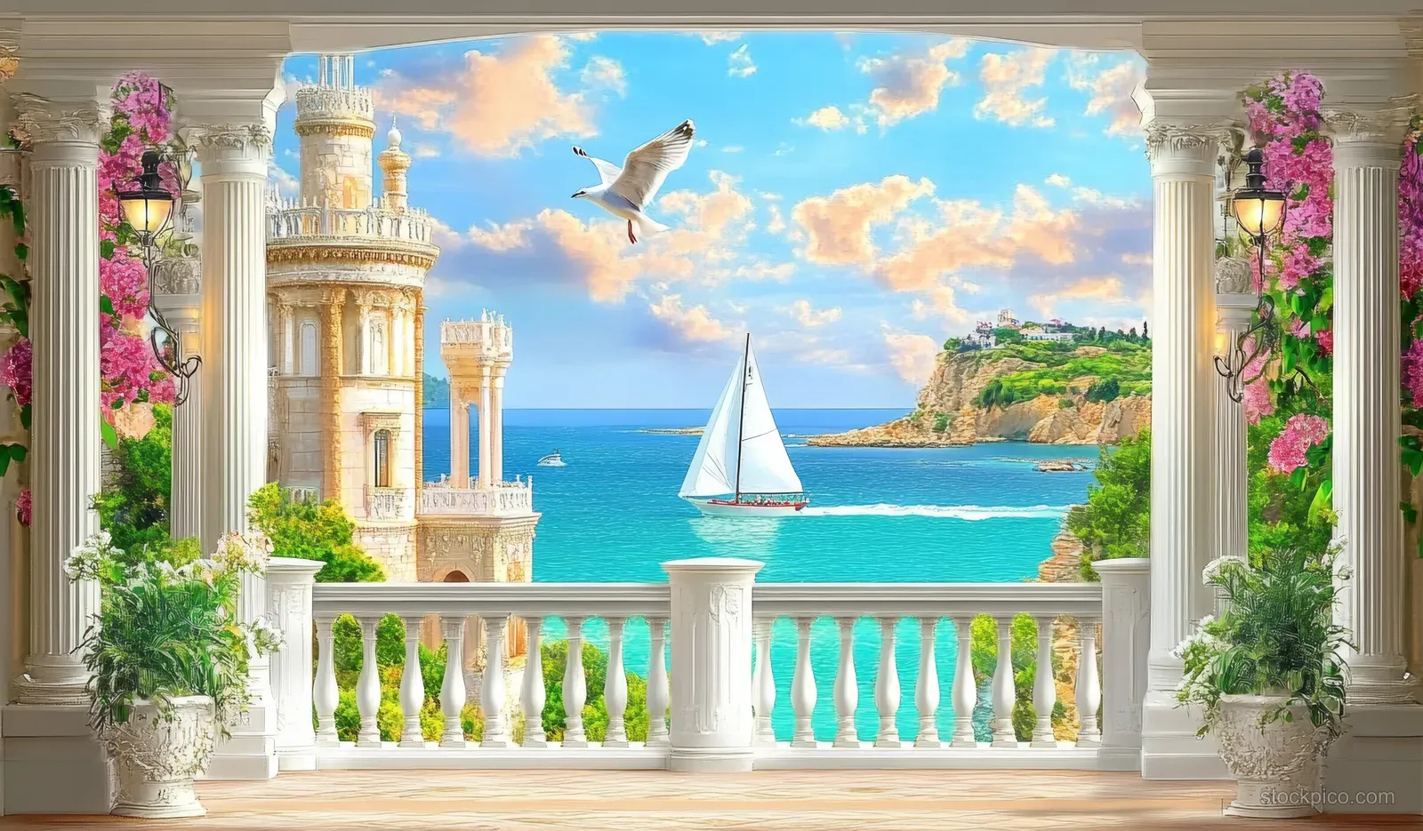 Balcony with white columns and potted flowers frames a distant castle and sailboat on turquoise water.