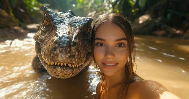 A smiling woman selfie poses in muddy river water beside a close-up crocodile head.