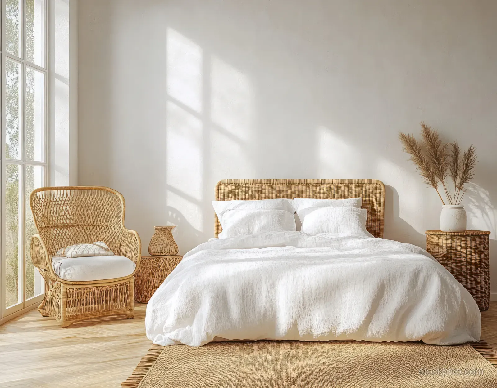 Sunlit minimalist bedroom showing a rattan bed with white bedding, wicker chair, and neutral decor by the window.