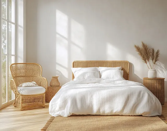 Sunlit minimalist bedroom showing a rattan bed with white bedding, wicker chair, and neutral decor by the window.