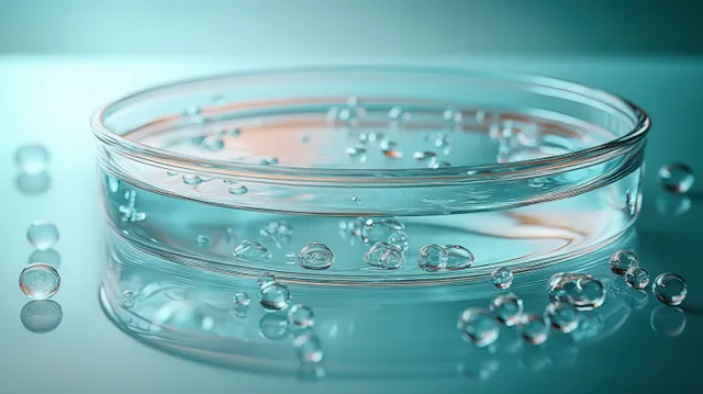 Clear glass petri dish with scattered water droplets resting on a smooth reflective surface under blue light.