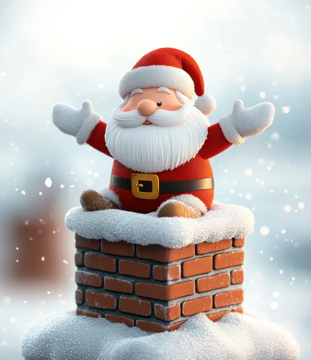 Smiling Santa Claus waves with arms raised while sitting on a snow-covered brick chimney as snow falls.