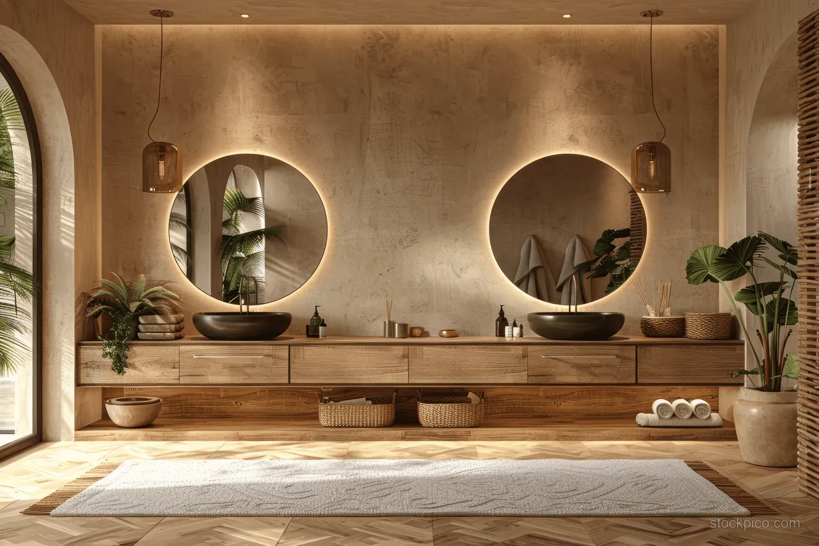 Earthy spa bathroom interior with backlit round mirrors, black vessel sinks, wooden vanity, green plants, and folded towels.