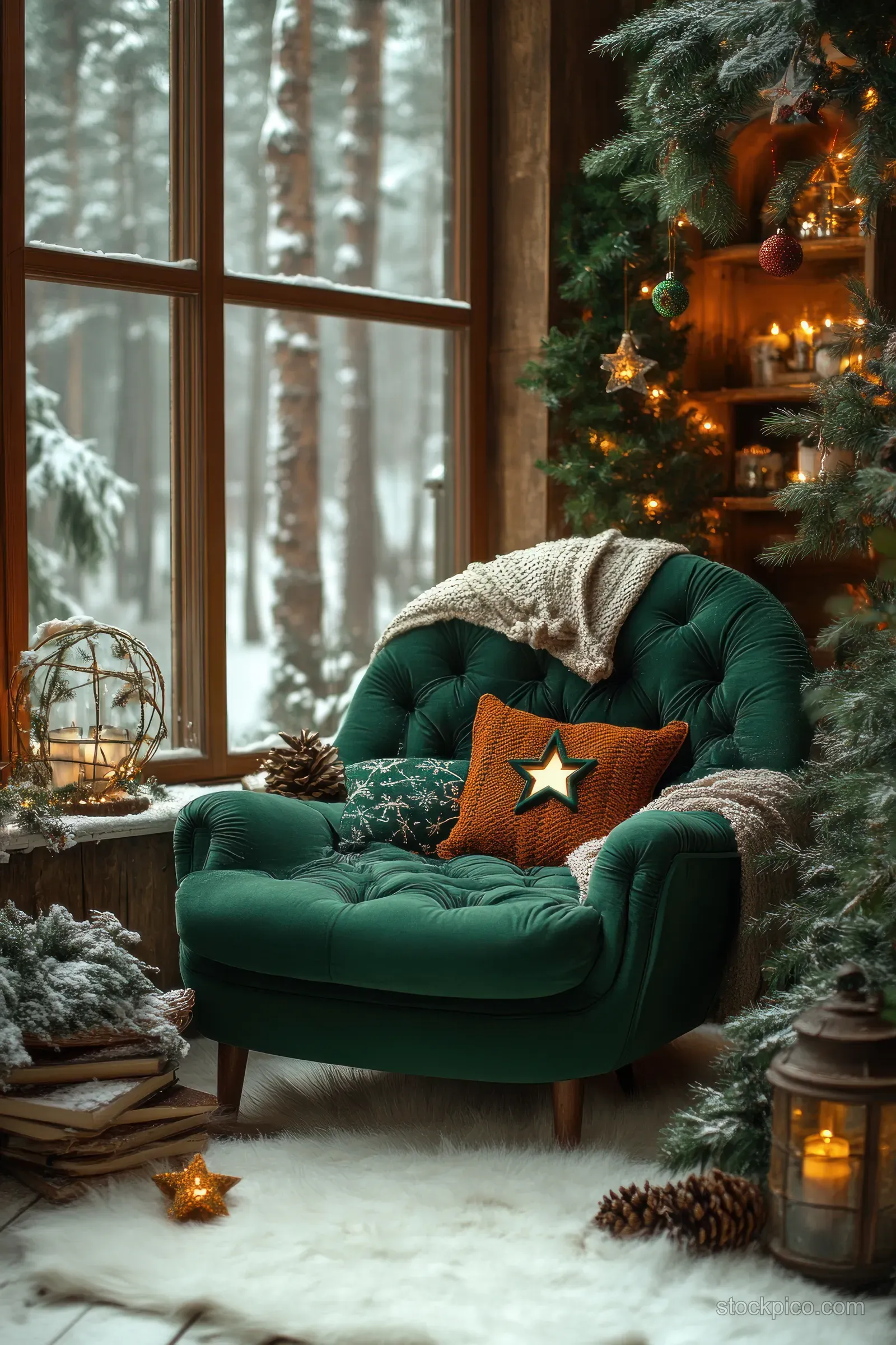 Green armchair in a snowy Christmas living room beside large windows, with a star pillow, fir decor, and glowing candles.