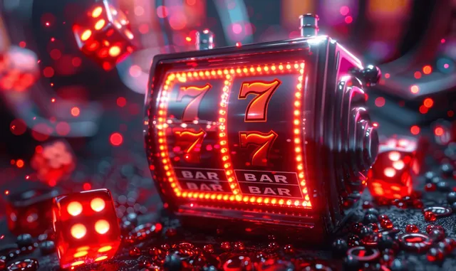 Red neon 777 slot machine screen glows amid dice, casino chips, and colorful confetti in a dark setting.
