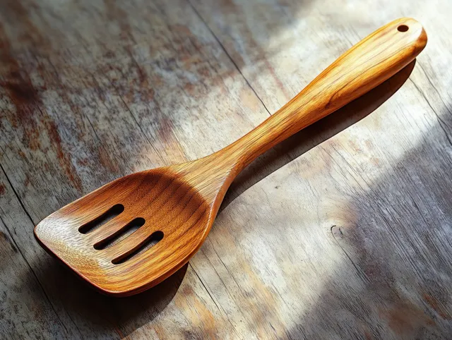 Wooden slotted spatula resting on a textured wooden tabletop with warm light casting shadows.