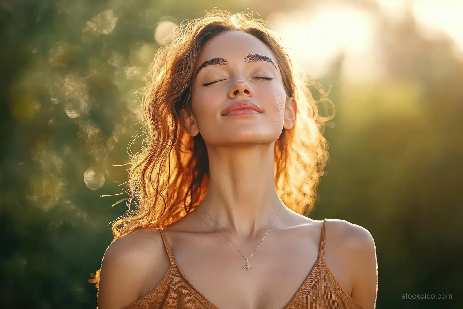 A woman stands outdoors at sunset with her eyes closed and warm light in her hair.