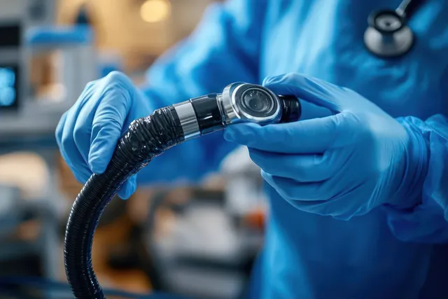 Clinician in blue gloves holding a flexible endoscope with the camera head illuminated in a hospital room.