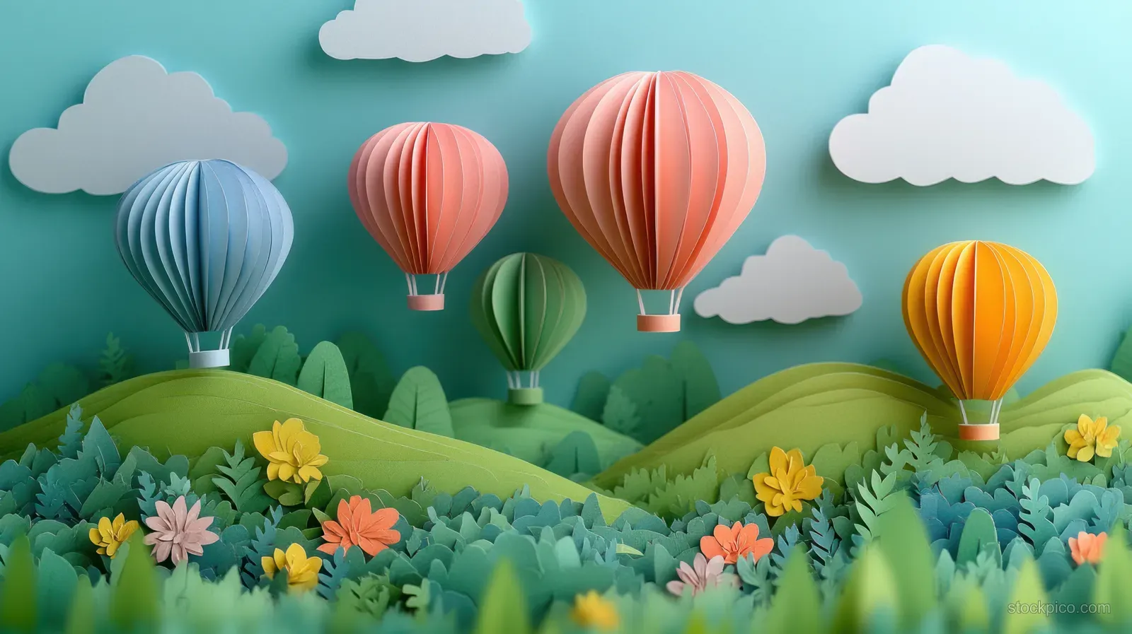 Colorful hot air balloons rise over layered paper-cut hills with flowers and fluffy clouds in a blue sky.