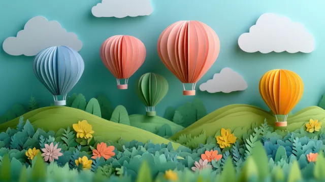 Colorful hot air balloons soaring over a layered paper cut-out hill landscape