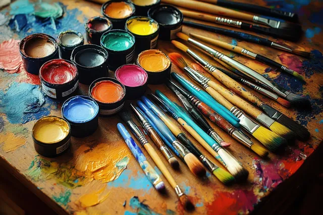 Paintbrushes and small pigment jars rest on a wooden tabletop covered with colorful paint smears.