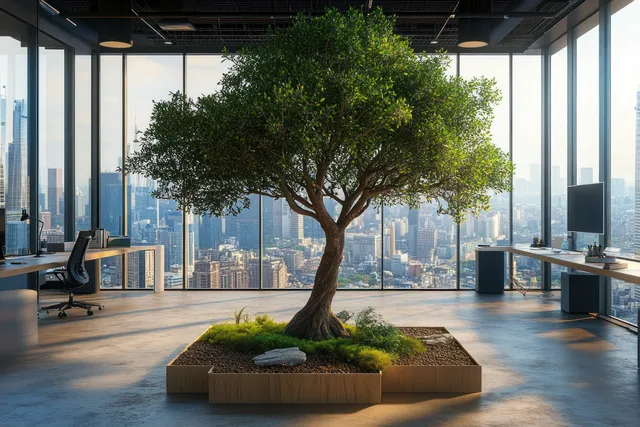 Large green tree planted in a rectangular planter inside a modern office with panoramic skyline through tall windows.