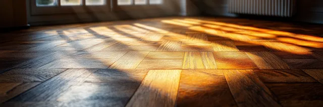 Parquet planks being installed in a modern room with warm sunlight highlighting the wood grain texture.