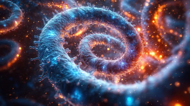 Bioluminescent bacteria vortex swirls under a microscope with glowing blue and amber particles.
