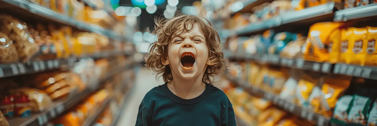 A crying child screams in a supermarket aisle lined with colorful grocery shelves.