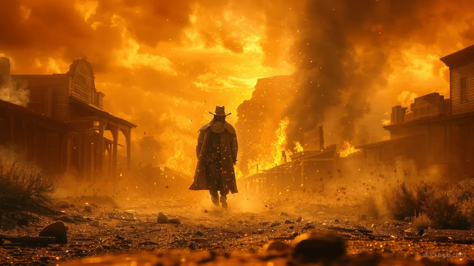 A cowboy in an overcoat and hat walks away down a dusty Wild West street at sunset with glowing sky and dust clouds.