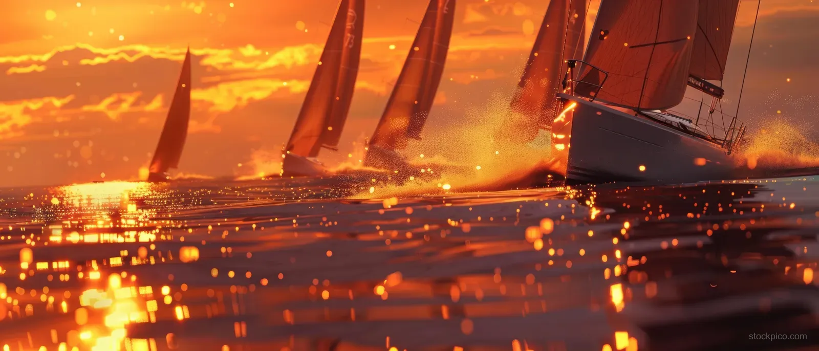 A 49er FX sailboat fleet races at sunset as sails fill the frame and sunset light reflects on the water.