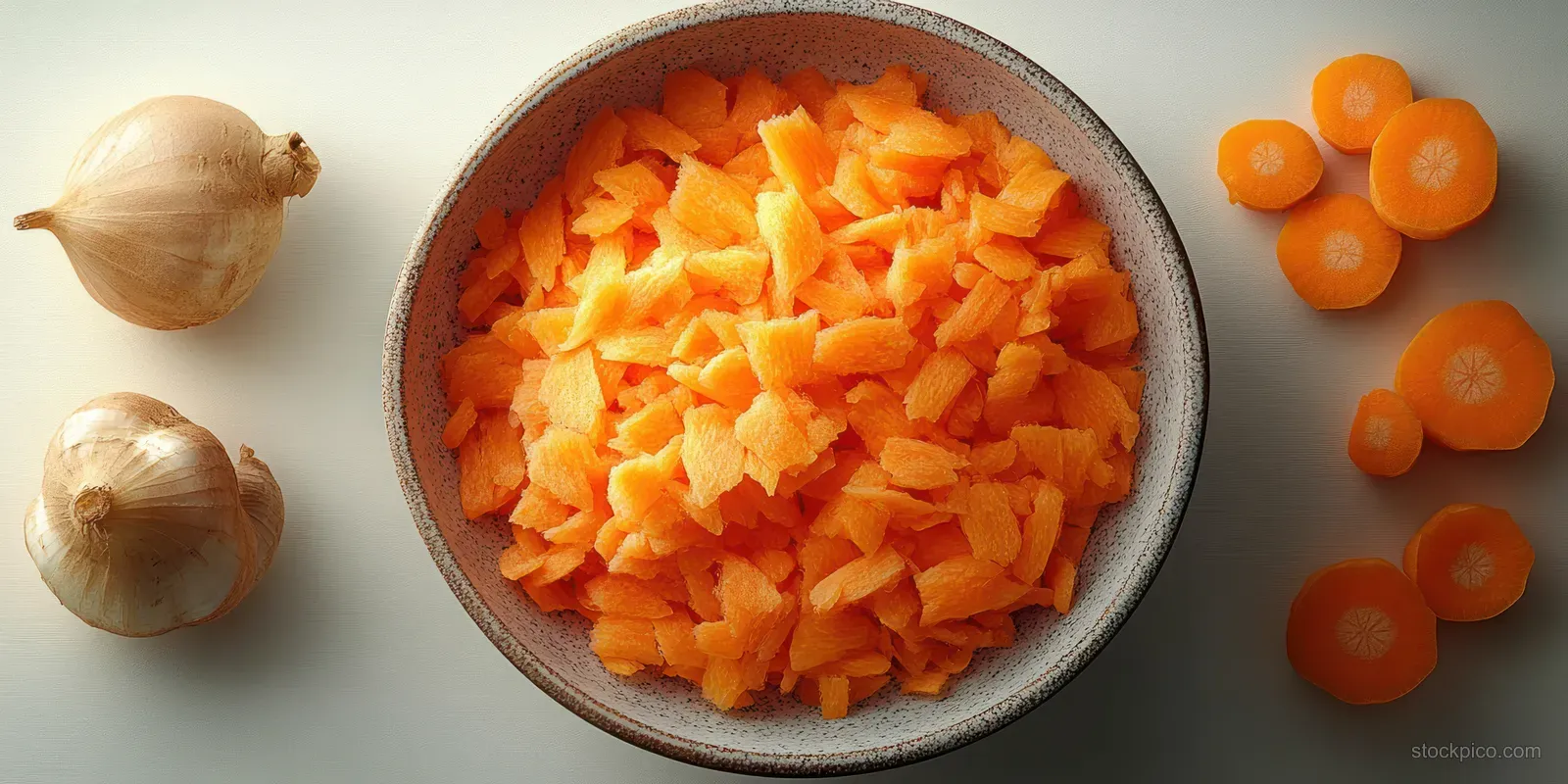 Top view of grated carrots in a bowl with onion slices on a white background.