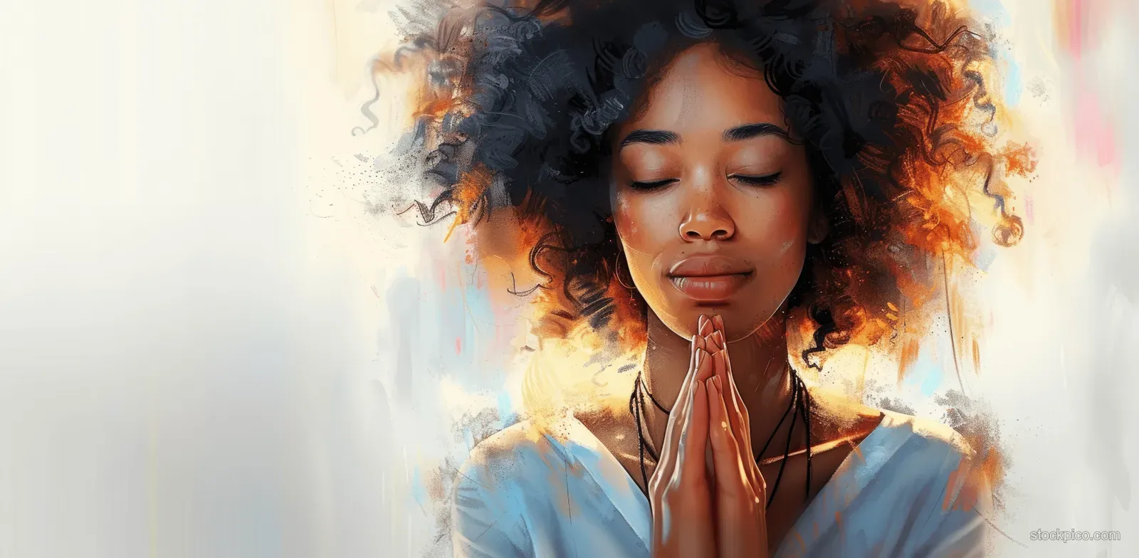 African American woman prays with eyes closed in profile as watercolor glow rays and mist fill a white background.