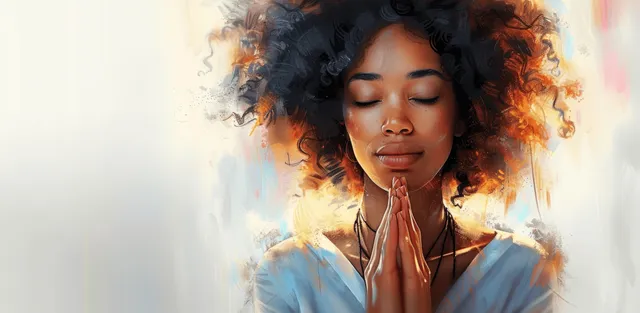 Mulher afro-americana reza com os olhos fechados de perfil enquanto raios brilhantes em aquarela e névoa preenchem um fundo branco.