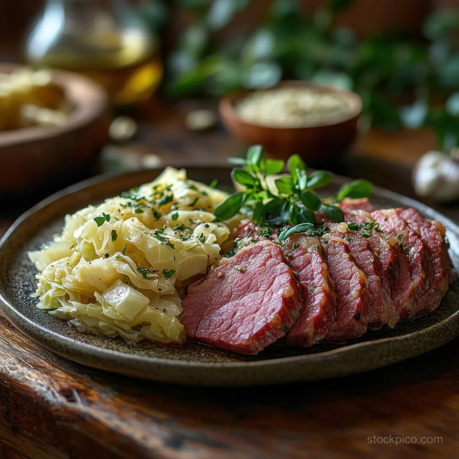 Sliced medium-rare beef with creamy mashed potatoes and herb garnish on a rustic plate atop a wooden table.
