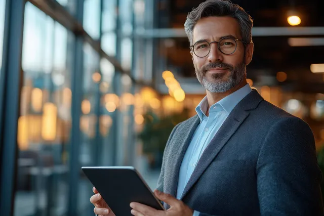 Mid-aged business executive smiling while using a tablet in a modern office lobby